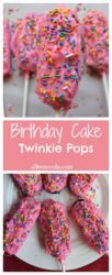 Easy and fun birthday cake twinkie pops are easy to make for a birthday party, back to school, lunch box treat, or just because! My kids love birthday cake twinkies on a stick, too! They are just like cake pops, but bigger and easier!
