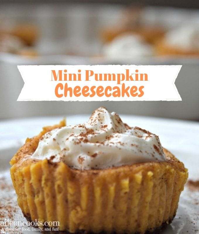 Mini pumpkin cheesecakes topped with whipped cream and cinnamon on a white platter.