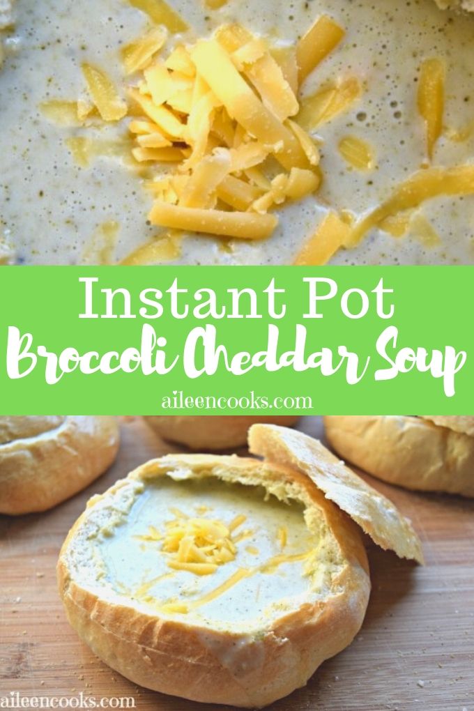 Collage photo of soup and words "instant pot broccoli cheddar soup"