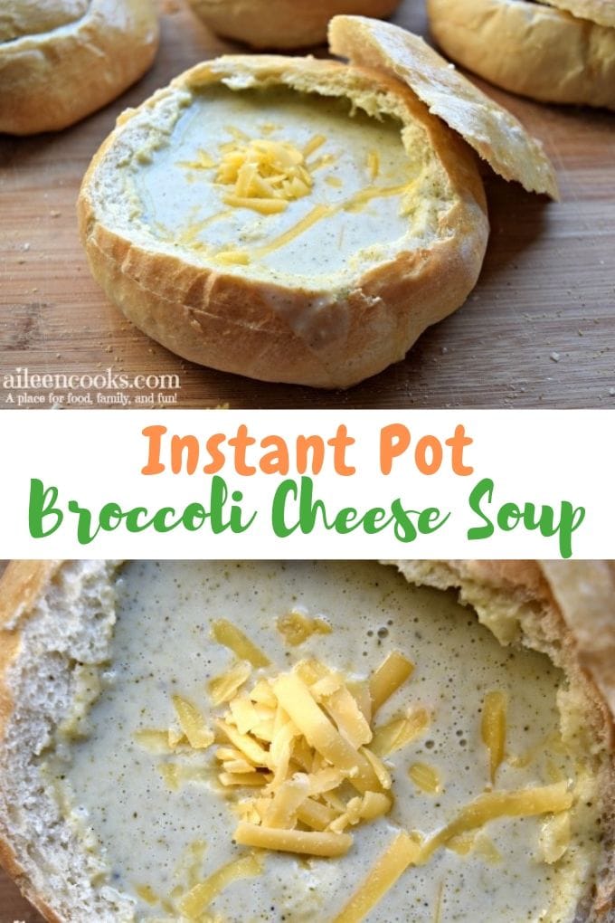 Instant pot broccoli cheese soup served in bread bowl and topped with shredded cheddar cheese.