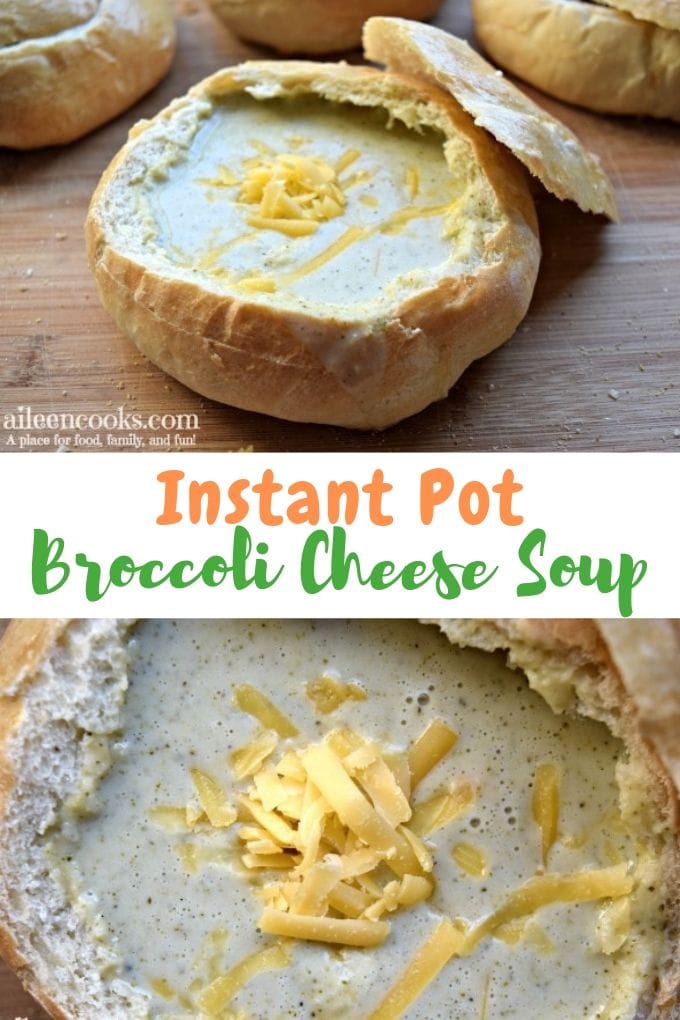 Instant pot broccoli cheese soup served in bread bowl and topped with shredded cheddar cheese. 