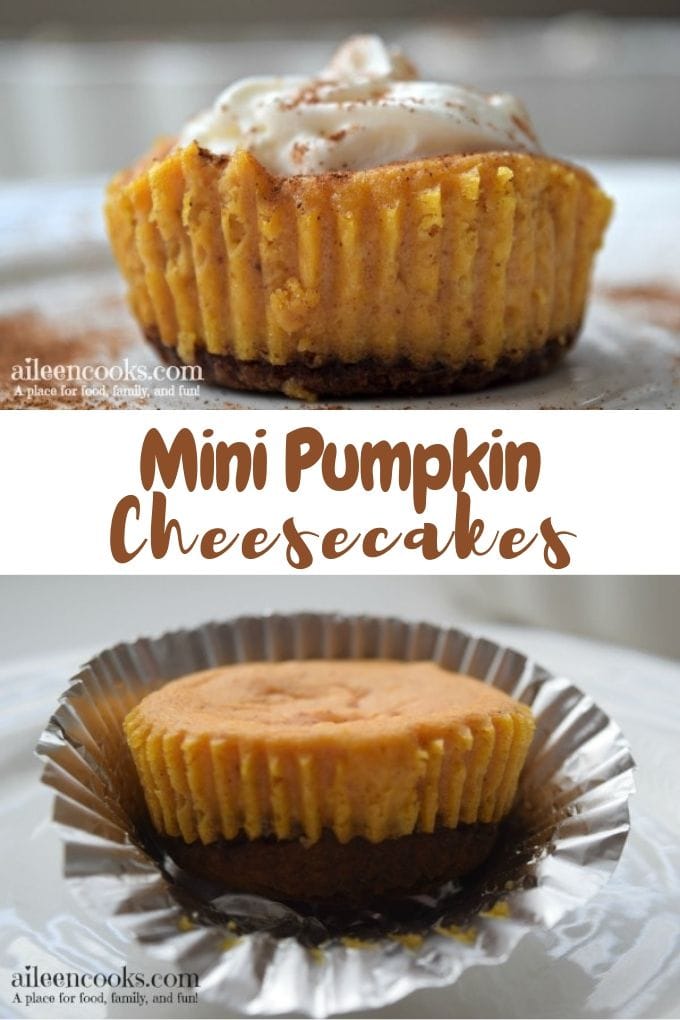 Collage photo of mini pumpkin cheesecakes, one with whipped topping and one without.