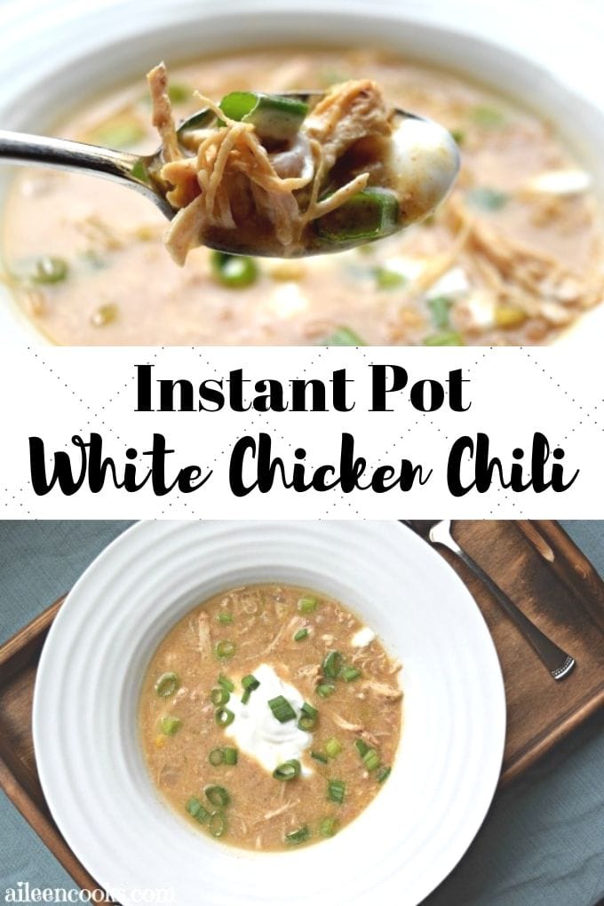 A collage photo of a bite of instant pot white chicken chili over a bowl of the same chili.