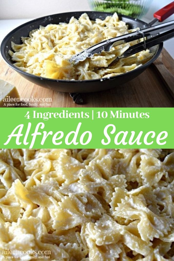 A collage photo of pasta with homemade Alfredo Sauce and the words "Alfredo Sauce"