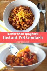 Collage photo of two bowls of goulash and the words "better than spaghetti instant pot goulash"