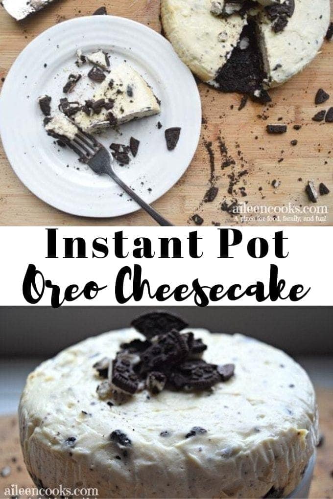 Collage photo of a slice of instant pot oreo cheesecake above the entire instant pot oreo cheesecake.