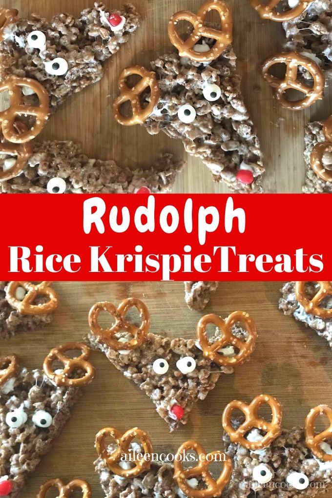 Collage photo with words "Rudolph Rice Krispie treats"