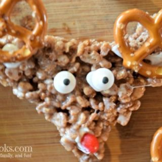 Make these fun and delicious rice krispie treat reindeer using cocoa krispies. This recipe is from California lifestyle blogger Aileen Clark.