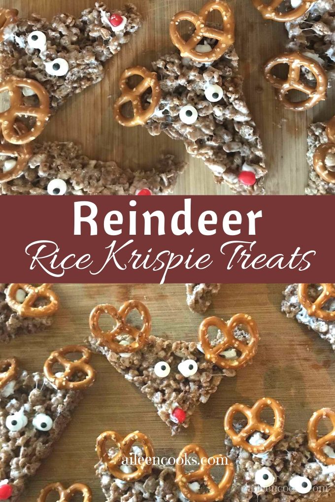 Collage photo of brown Rice Krispie treats decorated like reindeer.