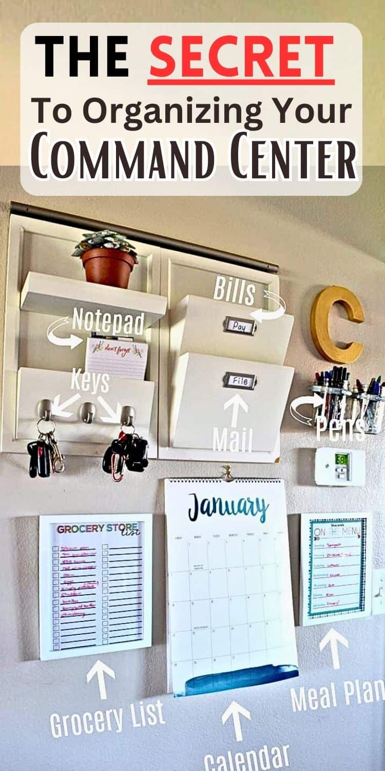A family command center wall with large calendar, shopping list, meal plan, keyholder, and mail holder.