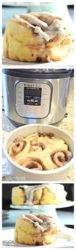 Collage of cinnamon roll, instant pot, push pan with cinnamon rolls, and cinnamon rolls on a cake stand.