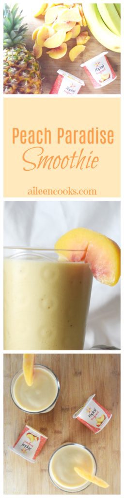 Collage of pineapple, peaches, banana, and yogurt and a glass of peach smoothie with slice of peach on glass.