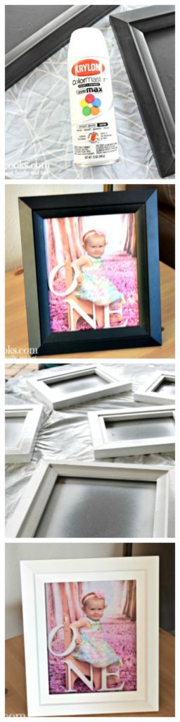 Collage of can of spray paint, black picture frame, spray painted picture frames, and white picture frame.