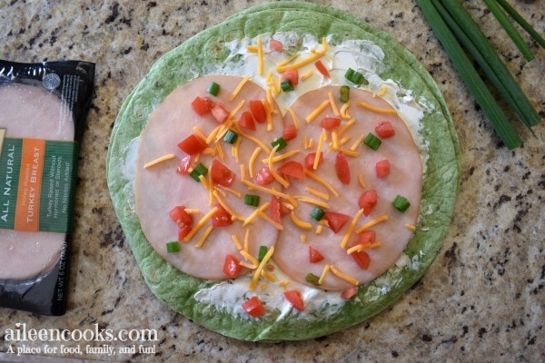 Make these turkey cream cheese roll ups with sharp cheddar, tomato, and green onion for a yummy and healthy lunch or as an appetizer for your next party!