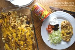 Make this crowd-pleasing nacho cheese taco casserole. It's packed full of taco flavor and topped with delicious nacho cheese!