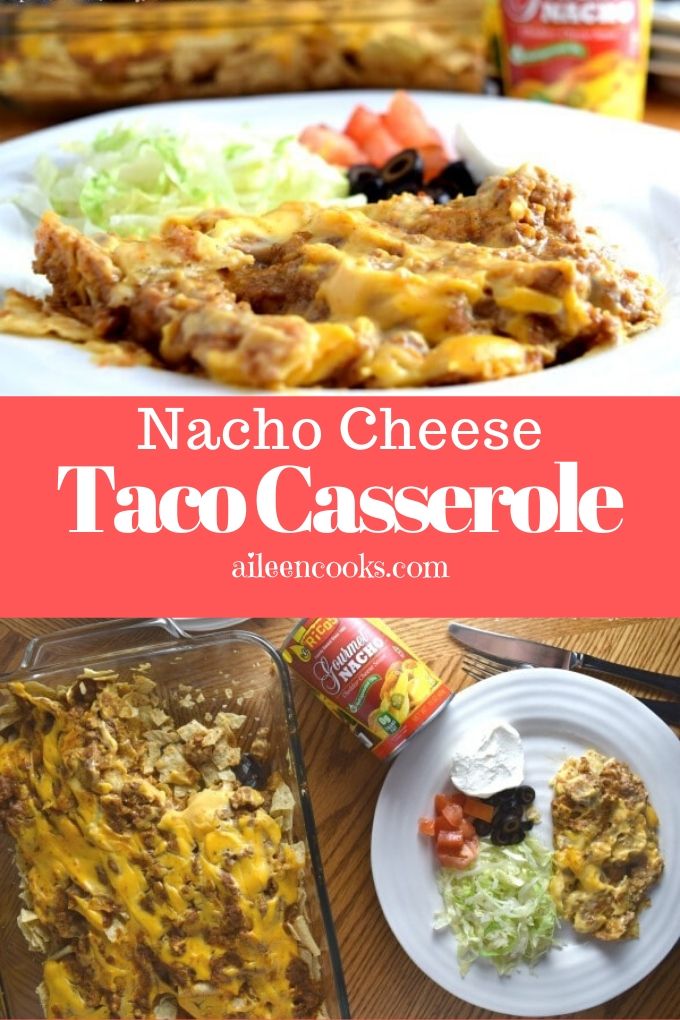 Plate of nacho cheese casserole next to casserole dish with words "nacho cheese taco casserole".