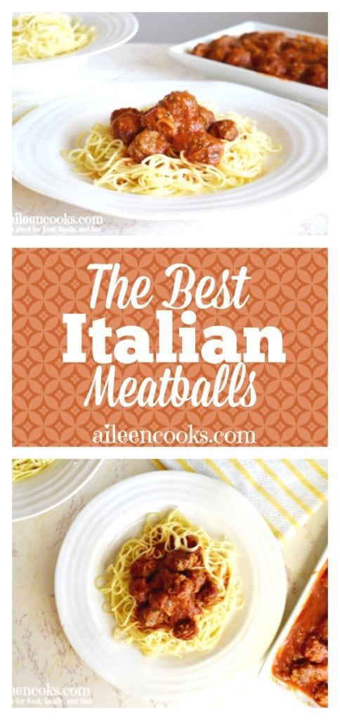 Two image collage of italian meatballs in marinara on top of a plate of spaghetti.