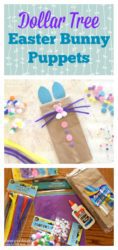 paper bag bunny puppet with pipe cleaners, buttons, wiggly eyes, glue, paper bag, and sparkly paper.