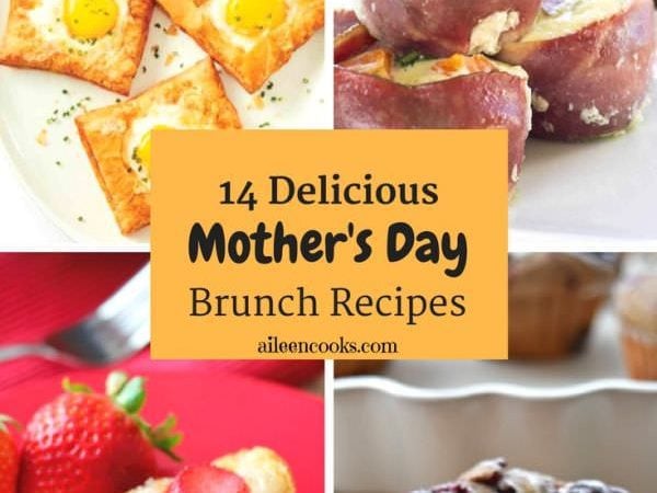 Mother's day brunch ideas - banana blueberry muffins, egg tarts, bacon wrapped eggs, and strawberry coconut casserole.