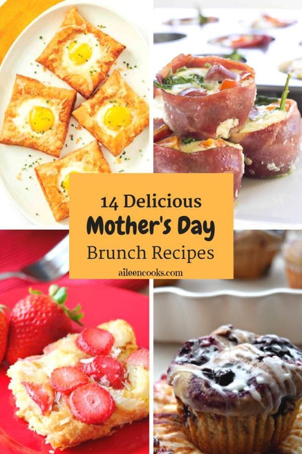 Mother's day brunch ideas - banana blueberry muffins, egg tarts, bacon wrapped eggs, and strawberry coconut casserole.