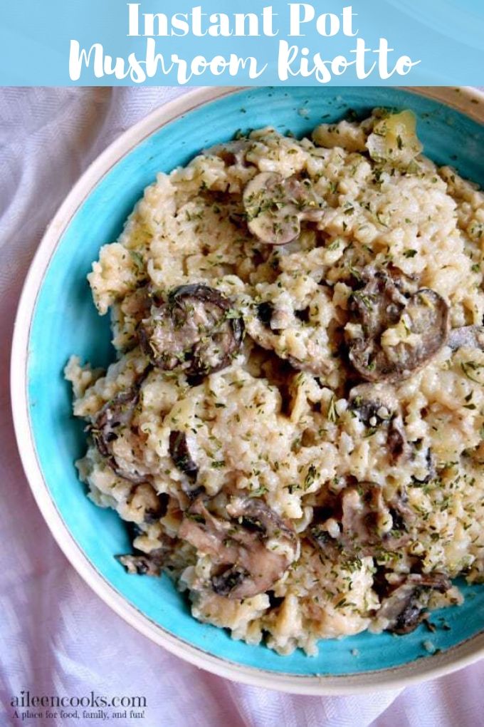A bowl of mushroom risotto with the words "instant pot mushroom risotto"