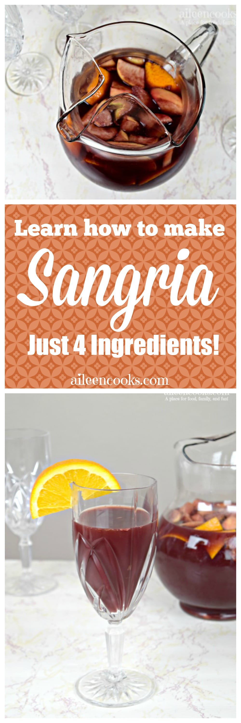 Learn how to make an easy red wine sangria with Spanish wine and peach liquor. This recipe has just 4 ingredients and mixes up quickly and tastes delicious on those warm nights that will be here so soon. I love a good sangria. It goes down easily and is great for enjoying with a friend.