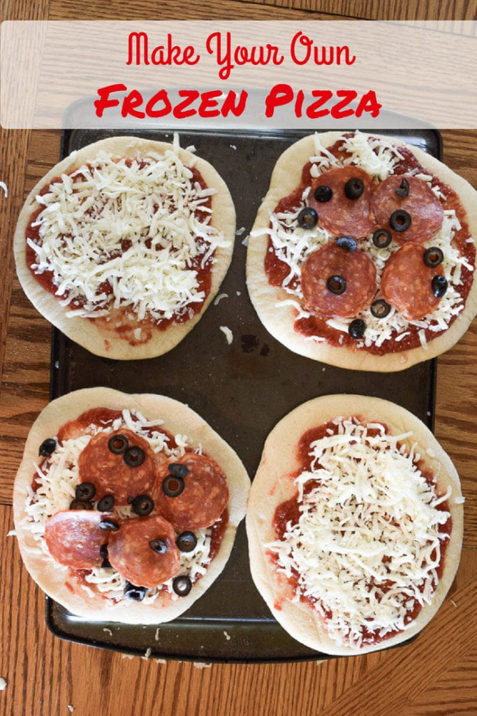 4 homemade frozen pizzas shown with plain cheese pizza flavor and pepperoni with olives.