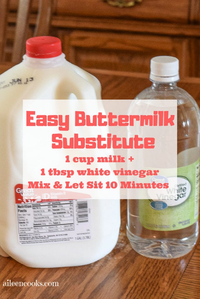 Gallon of whole milk and bottle of distilled white vinegar with text listing it as an easy buttermilk substitute
