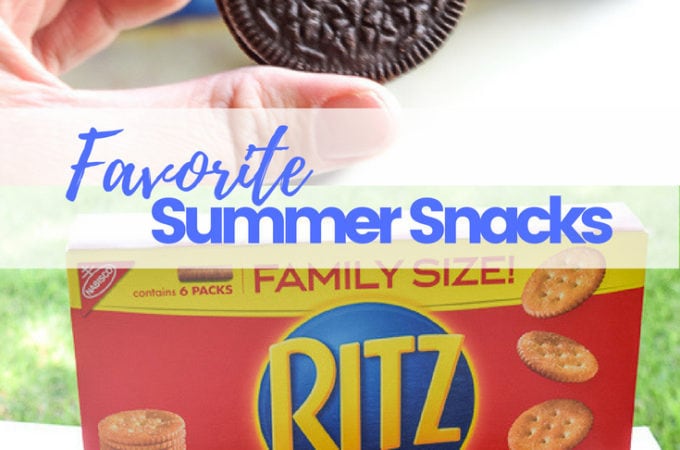 Close up of an oreo cookie over a box of ritz crackers. Text in the center says "favorite summer snacks".