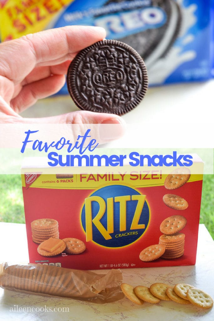 Close up of an oreo cookie over a box of ritz crackers. Text in the center says "favorite summer snacks".