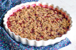 Plum crisp made with fresh plums sitting on a blue floral napkin over a white countertop
