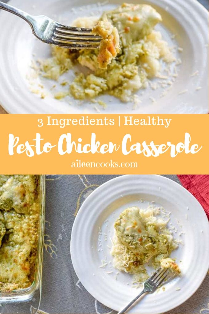 Casserole dish filled with pesto chicken and words "pesto chicken casserole" in yellow.
