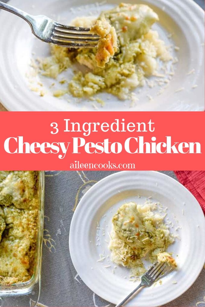 Collage photo of plate of pesto chicken over casserole dish