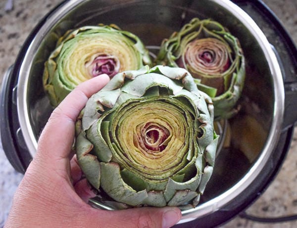 Three raw artichokes in an instant pot. Once is in the process of being placed inside.