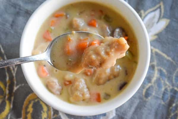 Spoonful of instant pot chicken and dumplings.