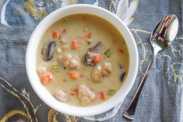 White bowl filled with pressure cooker chicken and dumplings