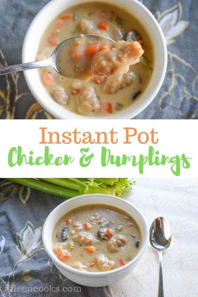 instant pot chicken and dumplings in a white bowl with a spoon reaching in and holding a dumpling and piece of chicken.