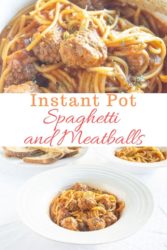 Collage photo of instant pot spaghetti and meatballs featuring a close-up shot and a shot of the meal in a white bowl.