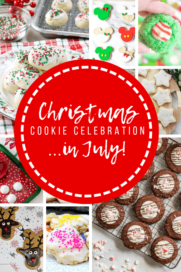 Collage photo with several pictures of Christmas cookies and the words "Christmas Cookie Celebration in July"