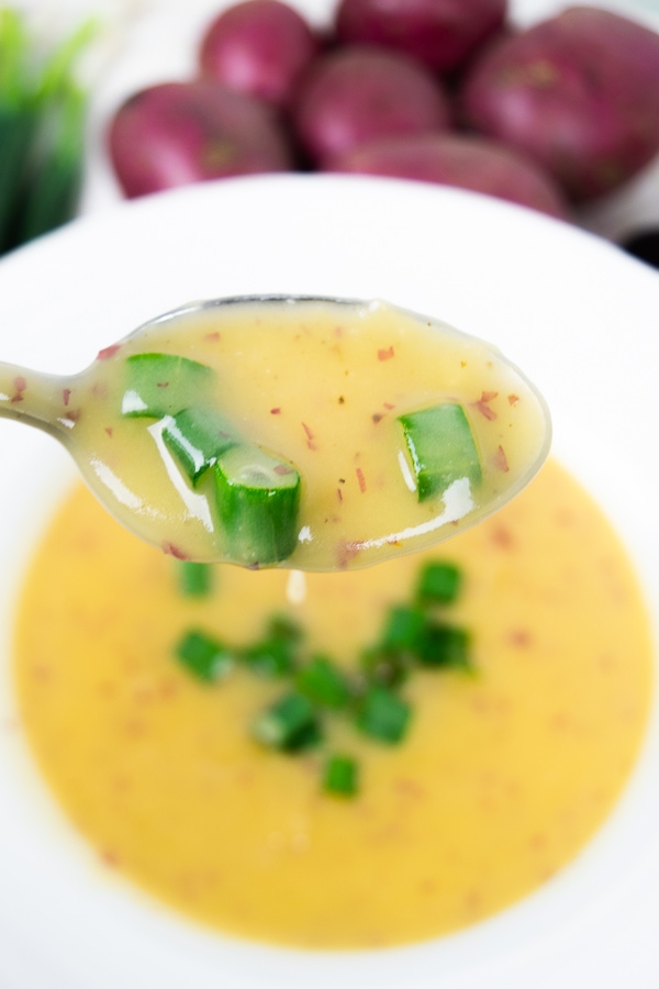 A spoonful of creamy cheesy potato soup over a bowl of soup.
