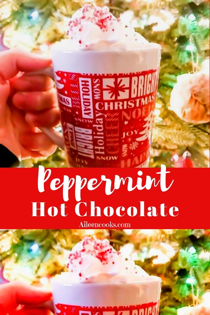 A collage of mugs of hot chocolate with the words "peppermint hot chocolate"