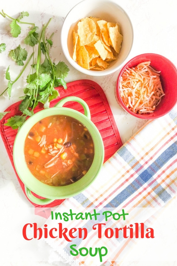 instant pot chicken tortilla soup in a green bowl on top of a red oven mitt.