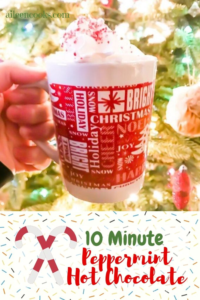 A hand holding a mug of homemade peppermint hot chocolate in front of a Christmas tree.