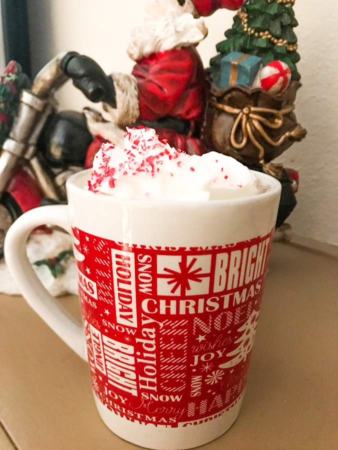 A mug full of homemade peppermint hot chocolate and topped with whipped cream and crushed peppermint candies.