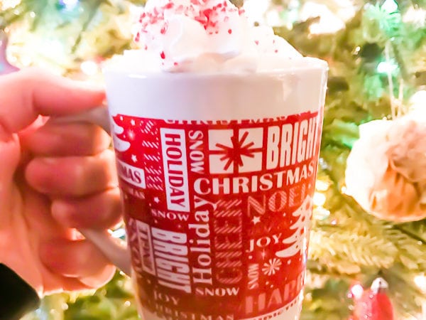 A hand holding the completed peppermint hot chocolate recipe in a red and white mug and in front of a lit Christmas tree.