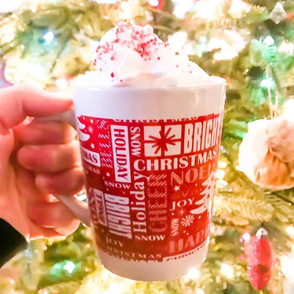 A hand holding the completed peppermint hot chocolate recipe in a red and white mug and in front of a lit Christmas tree.