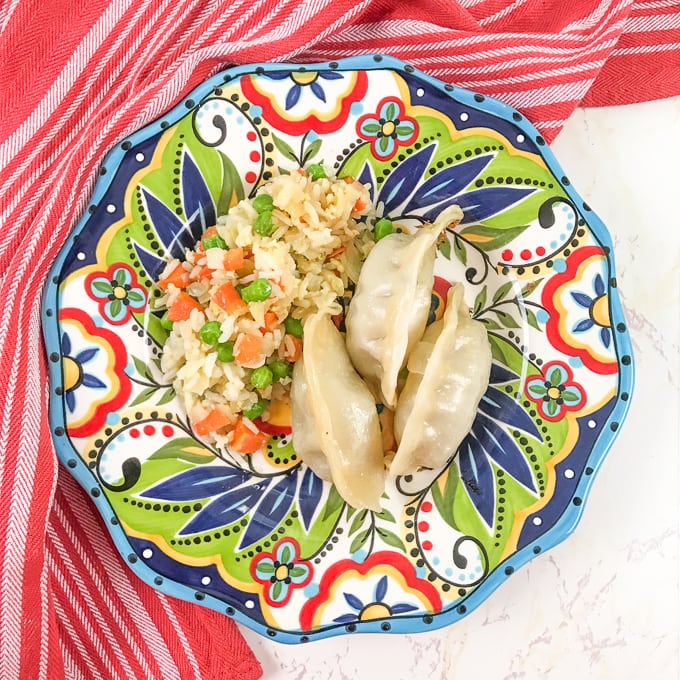 A colorful plate filled with three pot stickers and vegetable fried rice.