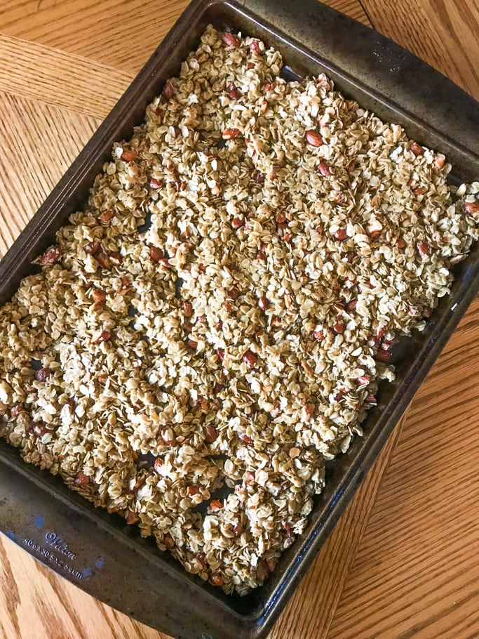 A cookie sheet full of instant pot granola.