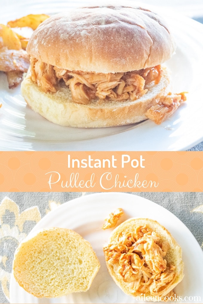 Instant pot pulled chicken served with French fries on a white plate.