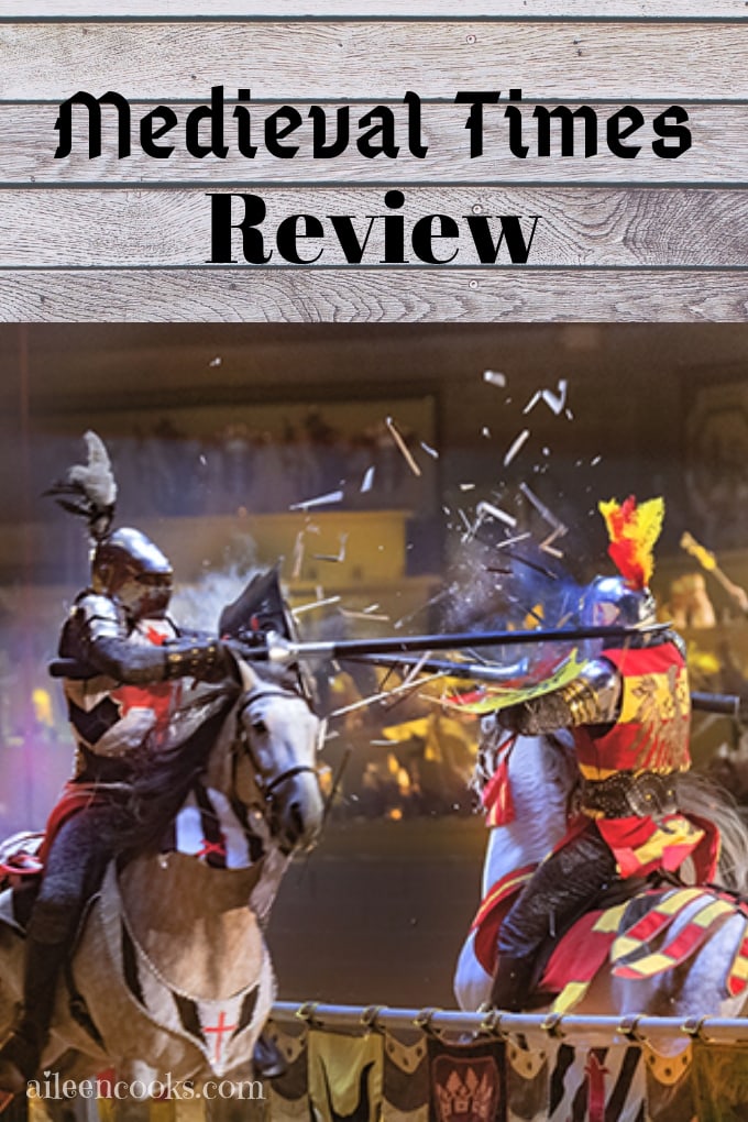 A picture of two knights jousting with the words Medieval Times Review above it.